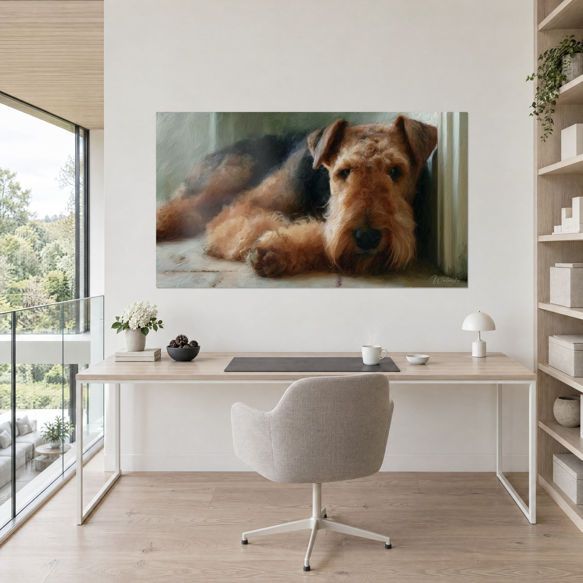 Cuadro perro de barba abundante, orejas caídas, pelaje rojizo y negro sobre fondo gris verdoso, en la pared de un despacho blanco junto a una estantería