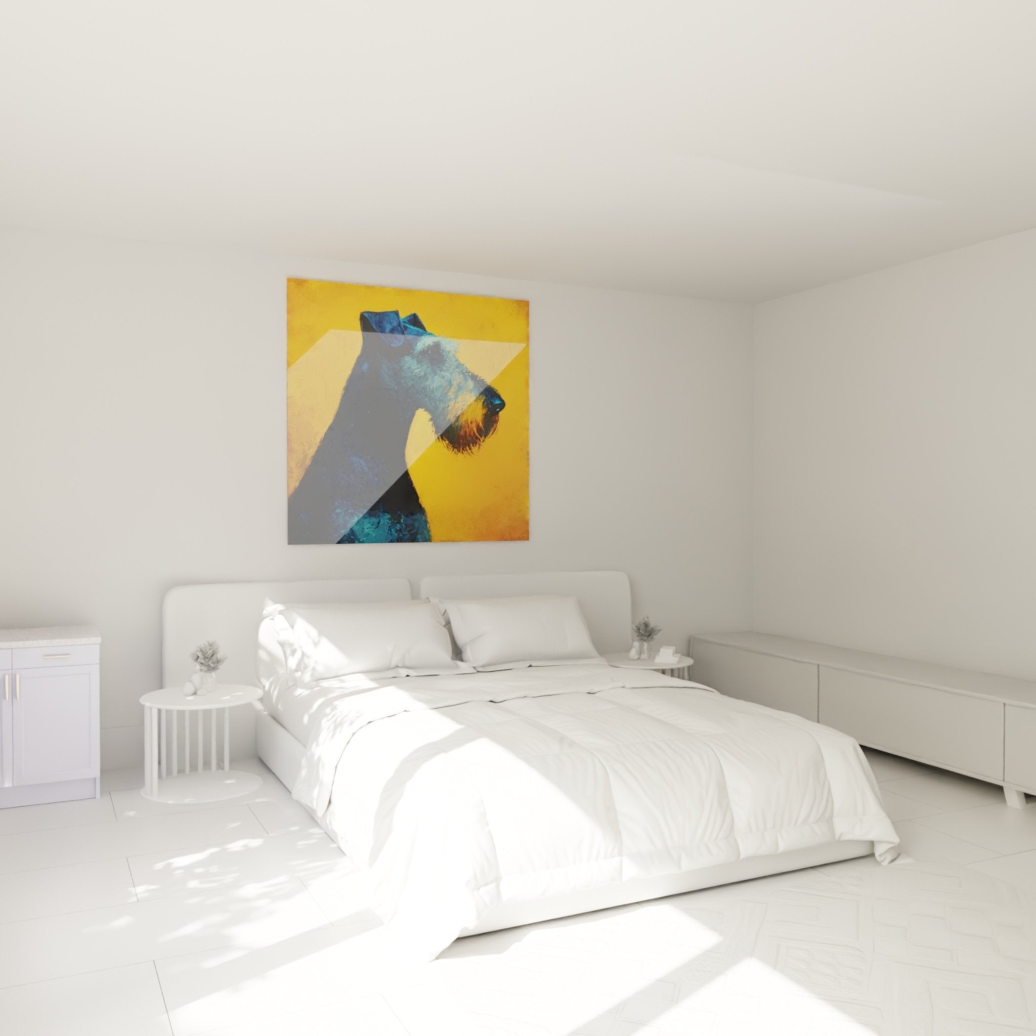 Tableau Airedale Terrier bleu et jaune dans chambre moderne, decoration murale portrait canin contemporain