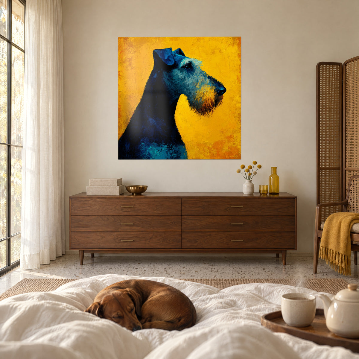 Cuadro terrier barbudo de hocico oscuro, pelaje azul profundo sobre fondo amarillo ocre, colgado sobre una cama en un dormitorio claro