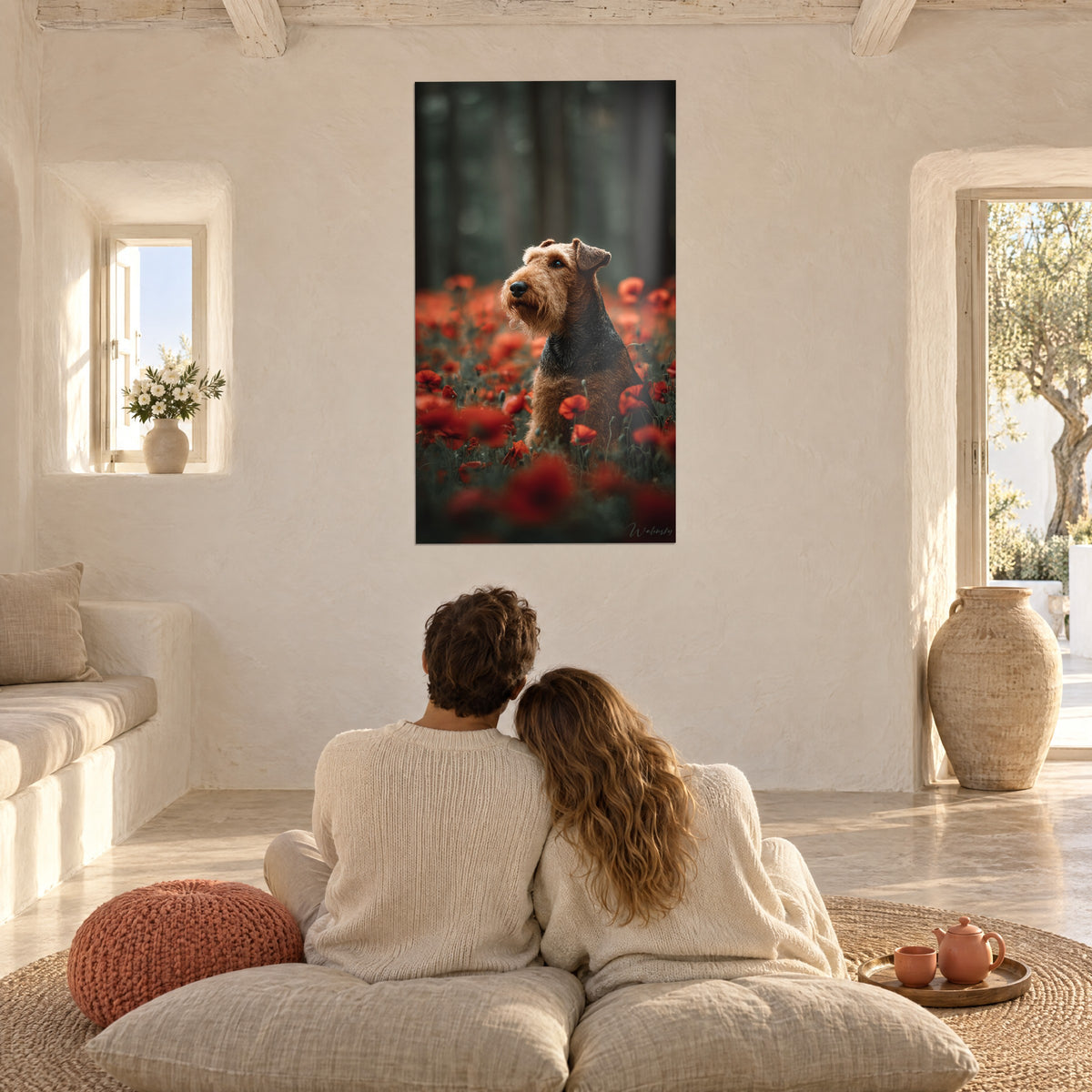 Πίνακας σκεπτικού terrier με διπλωμένα αυτιά, χρυσοκαφέ και μαύρο τρίχωμα, σε χωράφι με κόκκινες παπαρούνες, απέναντι σε ζευγάρι αγκαλιασμένο πάνω σε μαξιλάρια