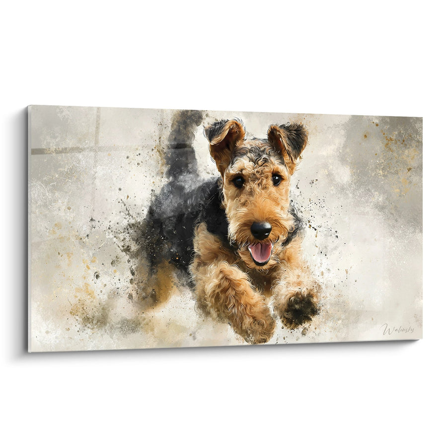 Tableau Chien Terrier en Mouvement aux Effets Aquarellés - Course Joyeuse - Edition Airedale Terrier