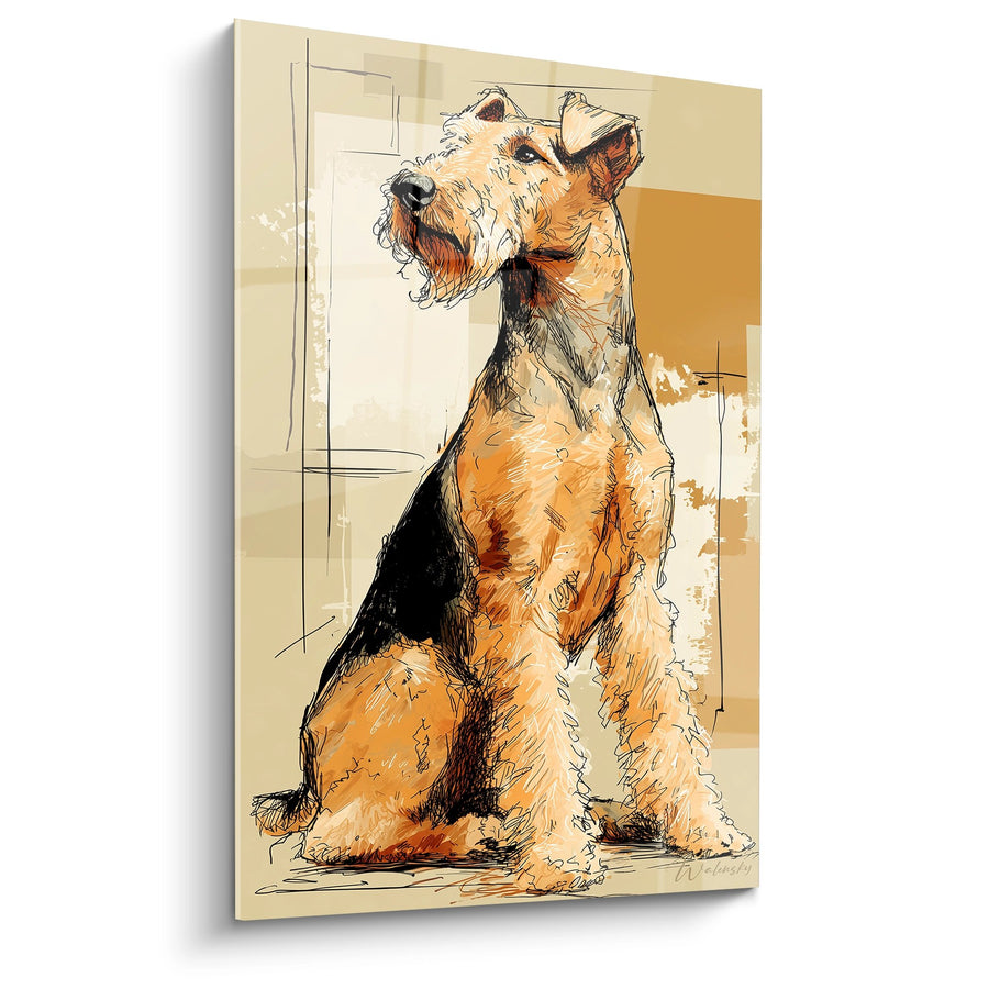 Tableau Chien Terrier Assis aux Tons Ocre - Portrait Canin Expressif - Edition Airedale Terrier