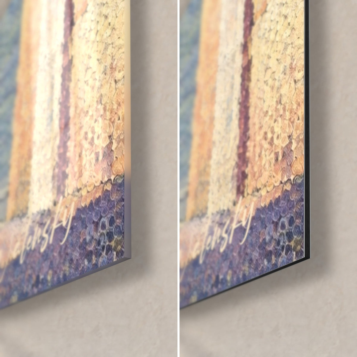 Wall art Provençal alley, bottom right corner: mosaic of ochre and violet touches on cobblestones, glossy glass on the left, matte Dibond on the right