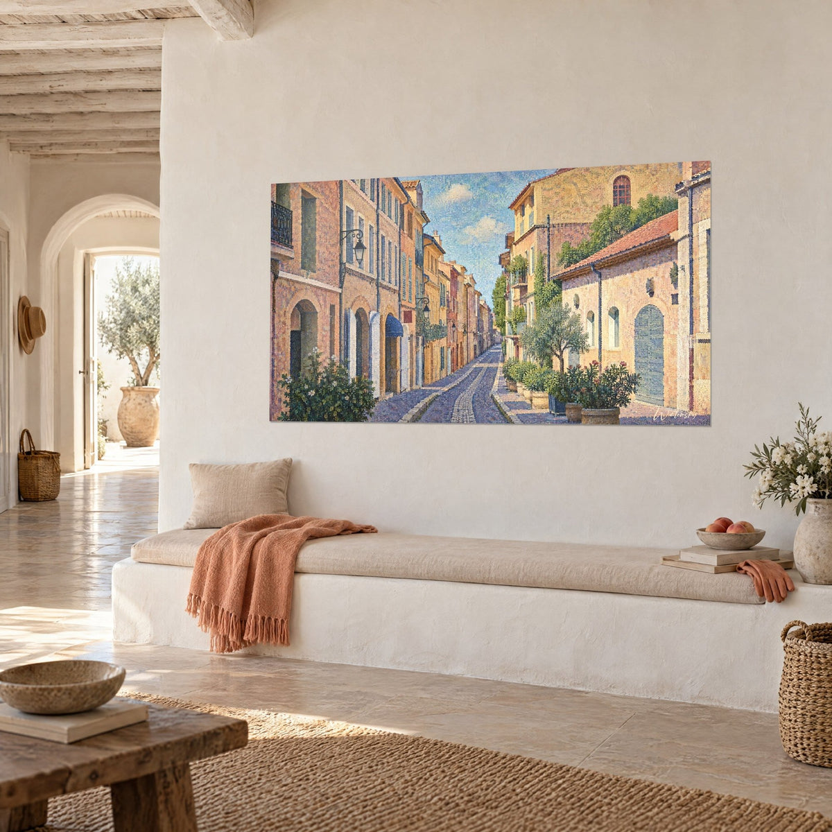 Wall art Aix-en-Provence street in perspective, apricot walls, potted olive tree and azure sky, three-quarter view in a light-filled home