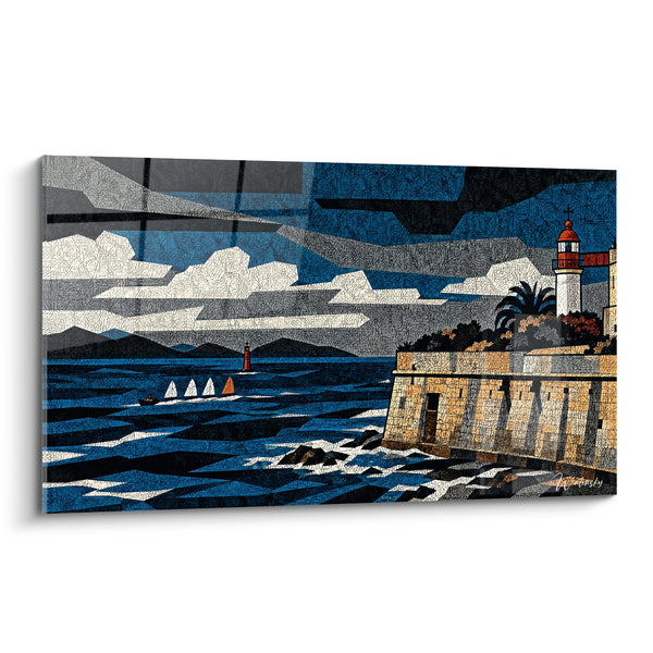 Tableau Phare rouge et blanc sur fortification ocre - Veille avant l'orage - Edition Ajaccio Corse France