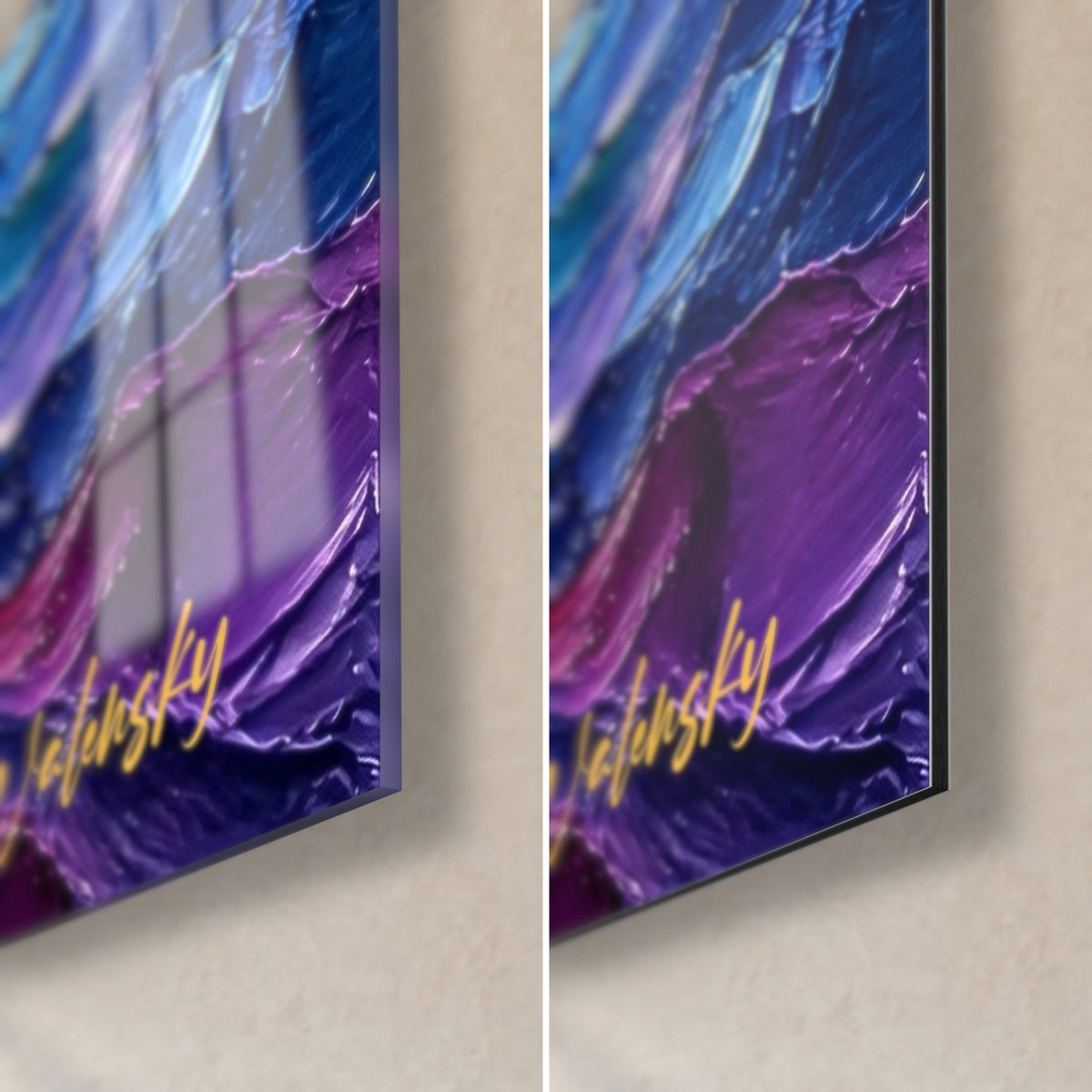 Quadro tramonto sulla baia, angolo in basso a destra in vetro lucido e alluminio Dibond opaco, impasti viola, spessore 3 mm