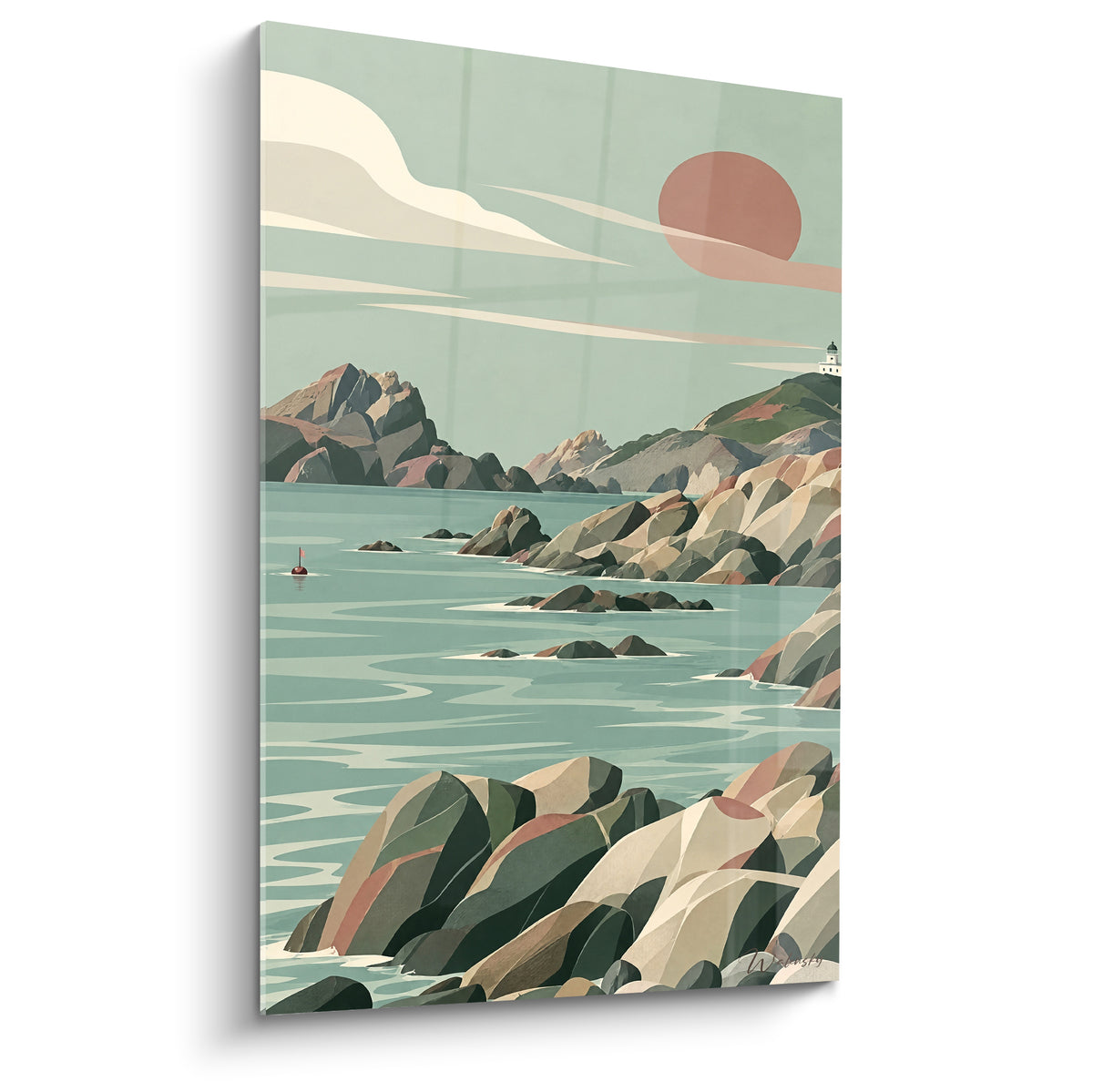 Quadro costa rocciosa verde salvia e terracotta con faro bianco, tramonto sul mare azzurro pastello