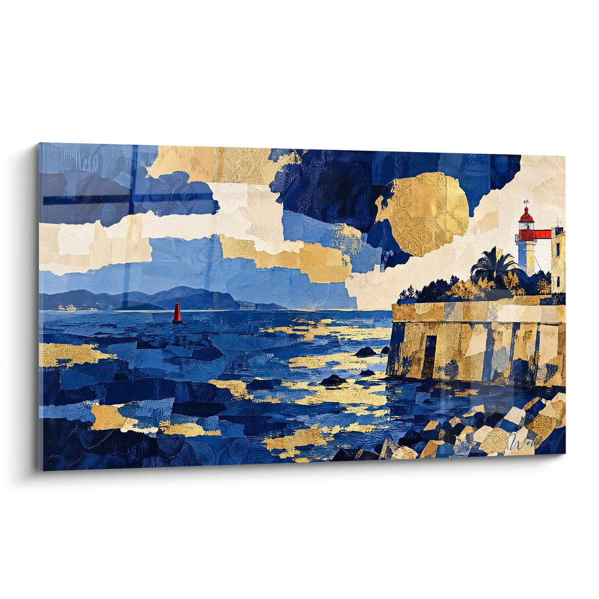 Wall art white and red lighthouse overlooking a golden and navy blue citadel, shimmering sea and red buoy
