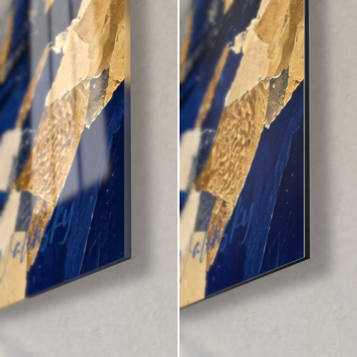Wall art lighthouse collage in navy blue and gold leaf, bottom right corner, glossy acrylic glass on the left, matte Dibond on the right