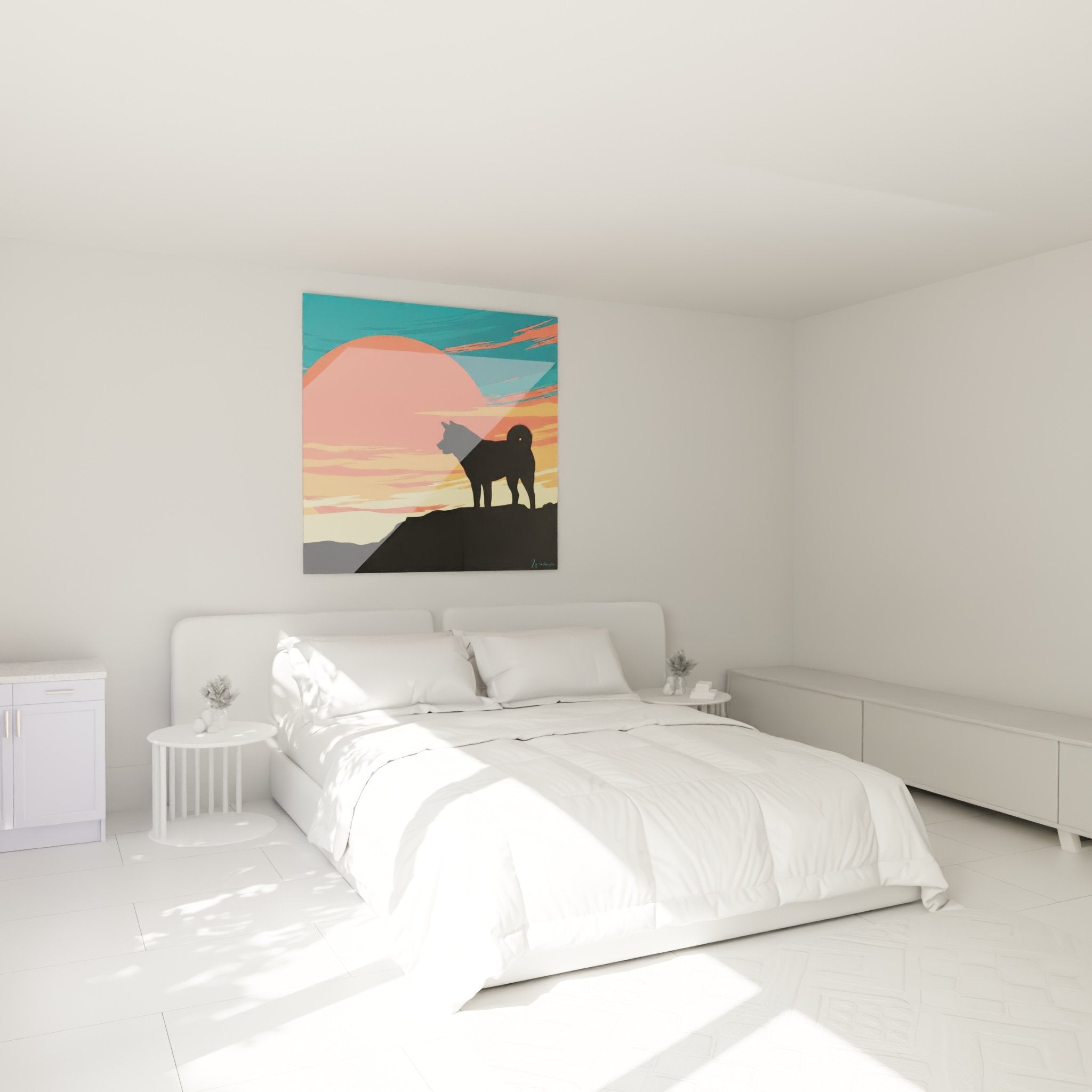 Tableau Akita Inu silhouette coucher soleil dans chambre moderne, décoration murale apaisante corail turquoise