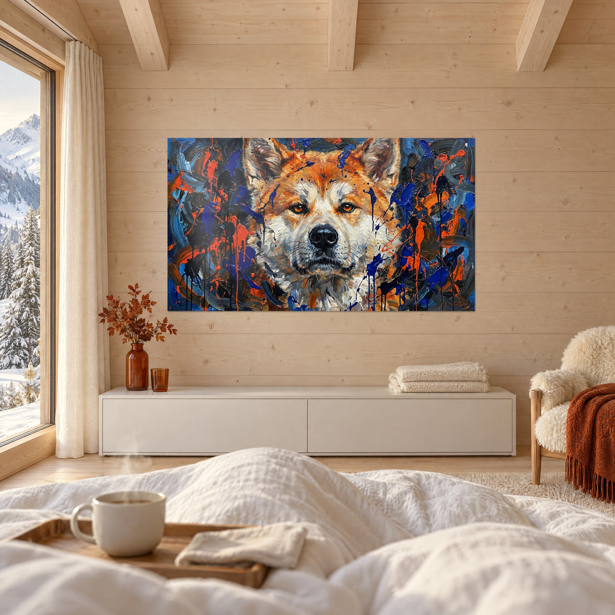Quadro cane shiba dal tartufo nero, impasti arancio vivo e blu notte, sopra un letto in una camera luminosa