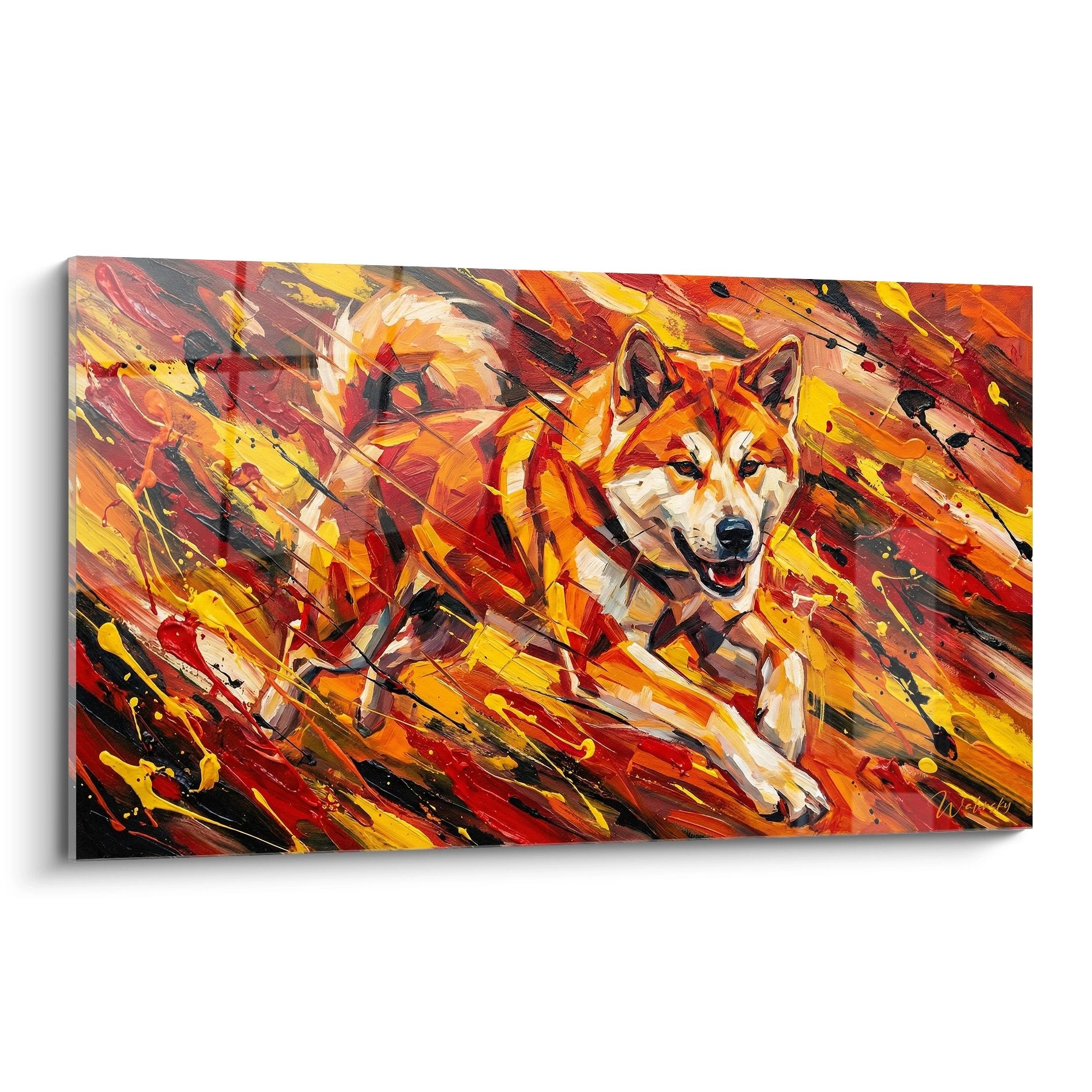 Tableau moderne Akita Inu aux couleurs rouge orange jaune style expressionniste abstrait