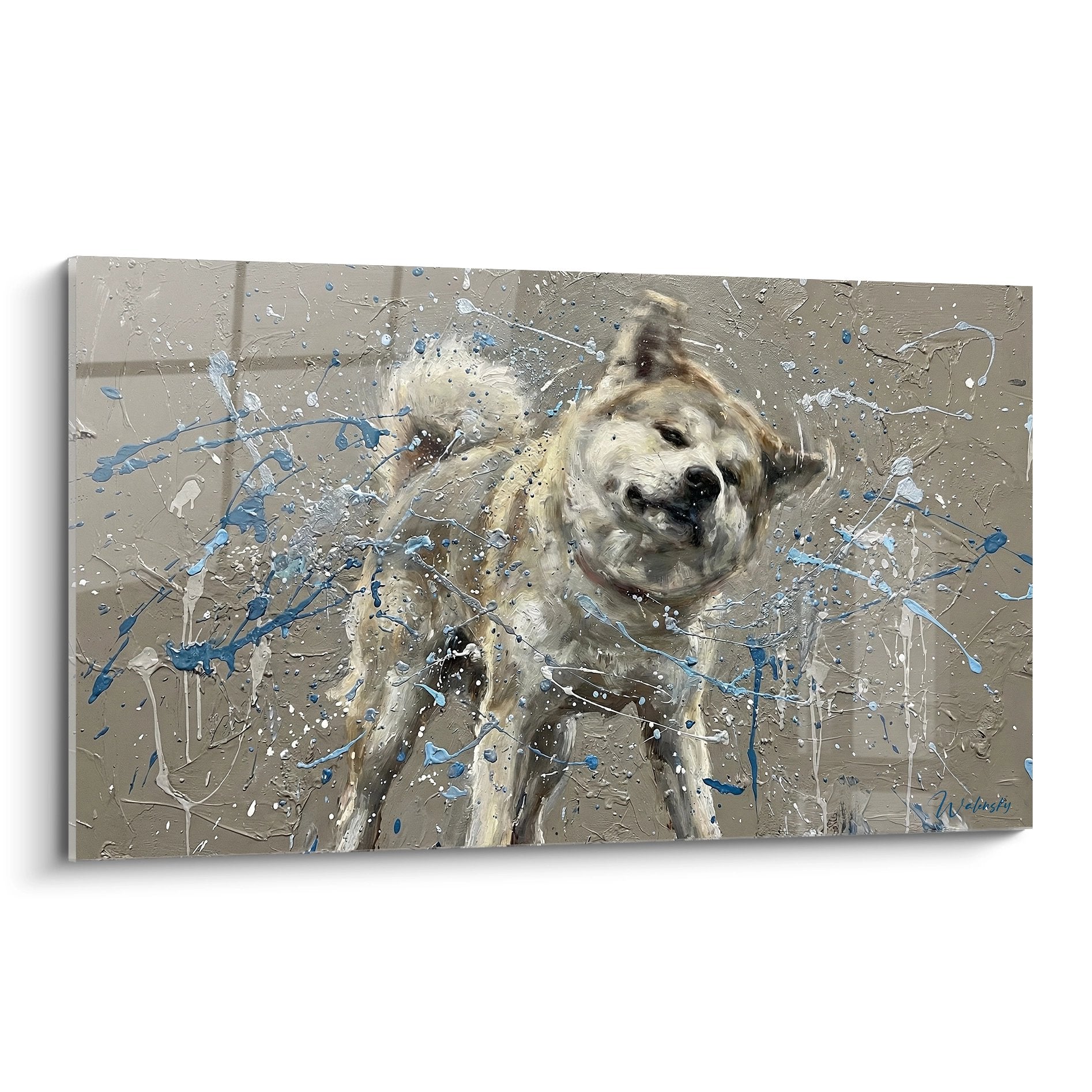Tableau artistique Akita Inu dans l'eau avec éclaboussures bleues sur fond beige