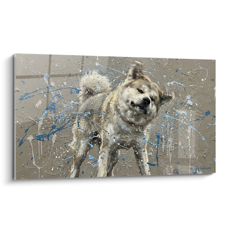 Tableau Chien dans l'Eau avec Éclaboussures Bleues - Joie Aquatique - Edition Akita Inu