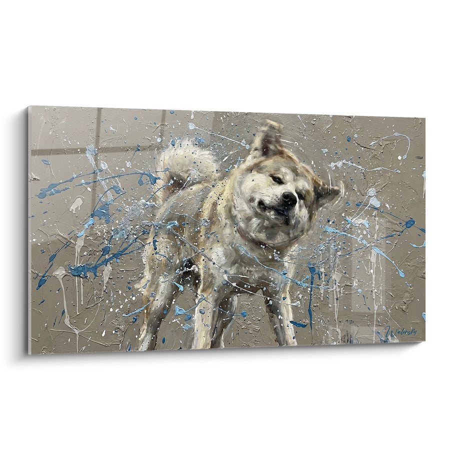 Tableau Chien dans l'Eau avec Éclaboussures Bleues - Joie Aquatique - Edition Akita Inu