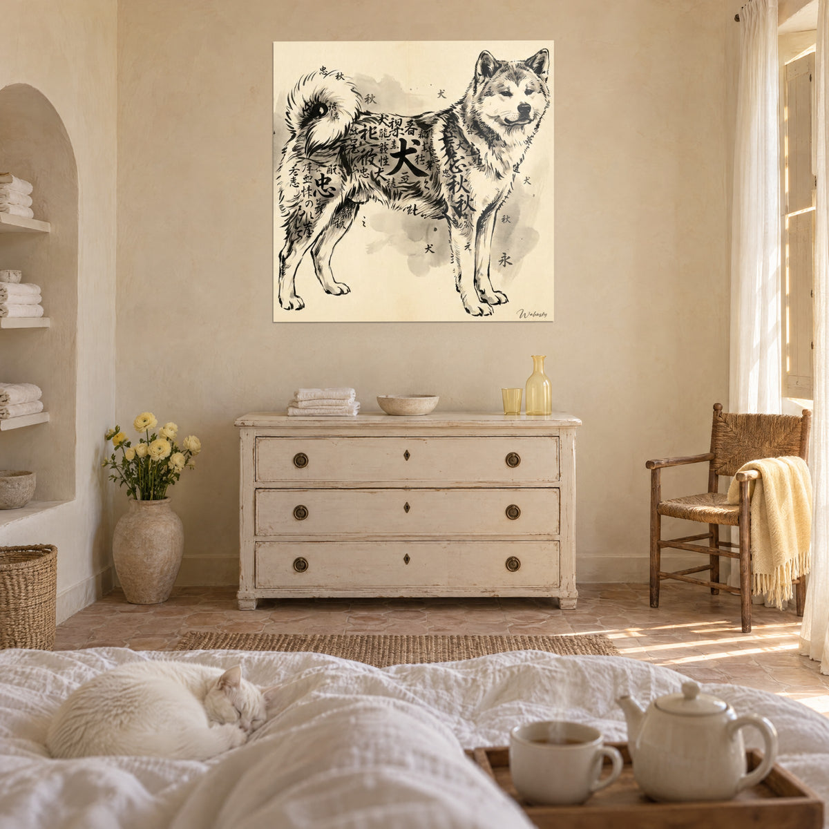 Quadro ritratto di Akita a inchiostro di china, nero e crema, caratteri giapponesi, sopra un letto in una camera luminosa