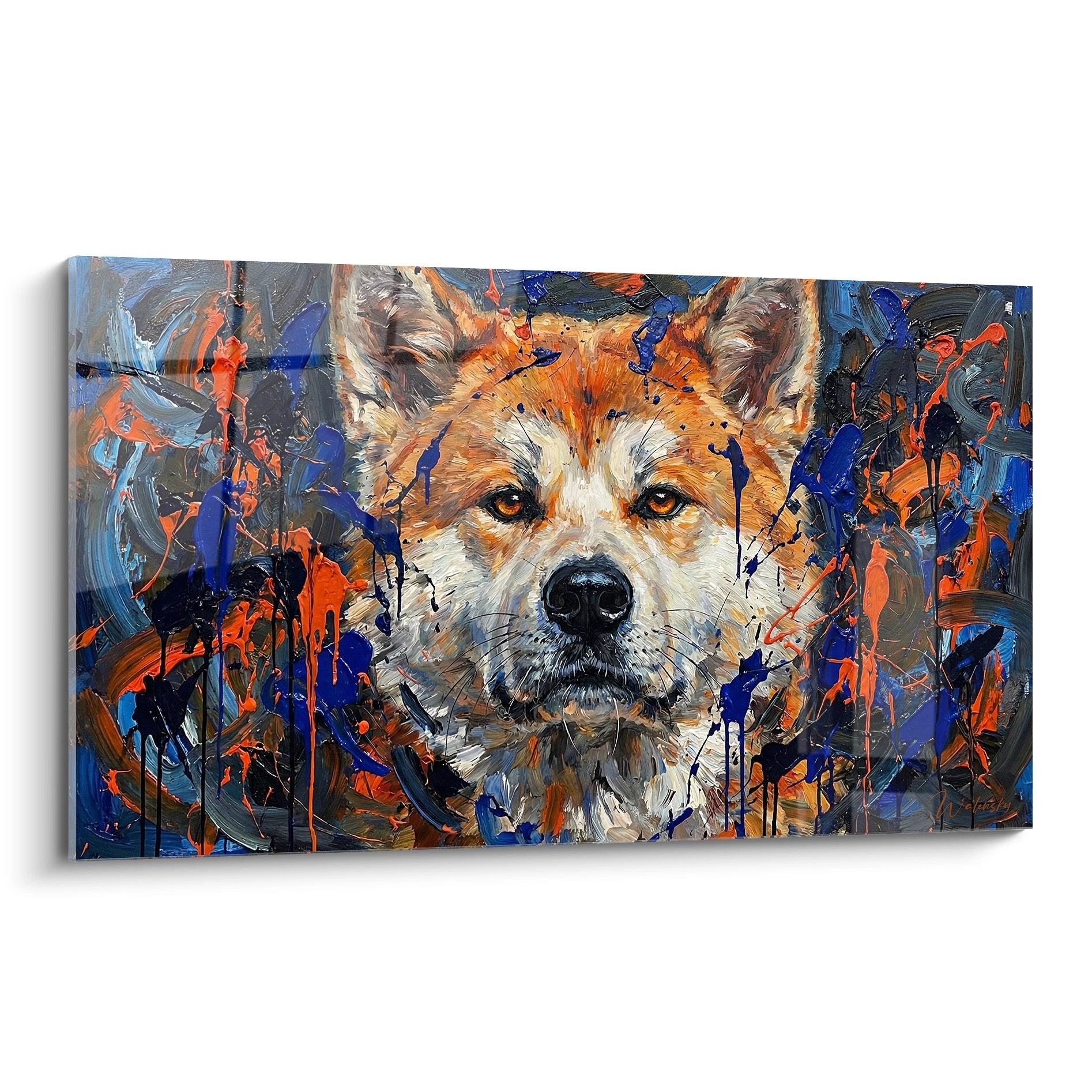 Tableau expressionniste Akita Inu roux yeux dorés fond bleu éclaboussures peinture art contemporain portrait chien