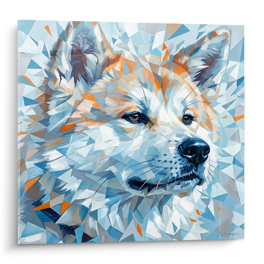 Tableau Chien aux Éclats Géométriques Bleus et Orange - Mosaïque Cristalline - Edition Akita Inu