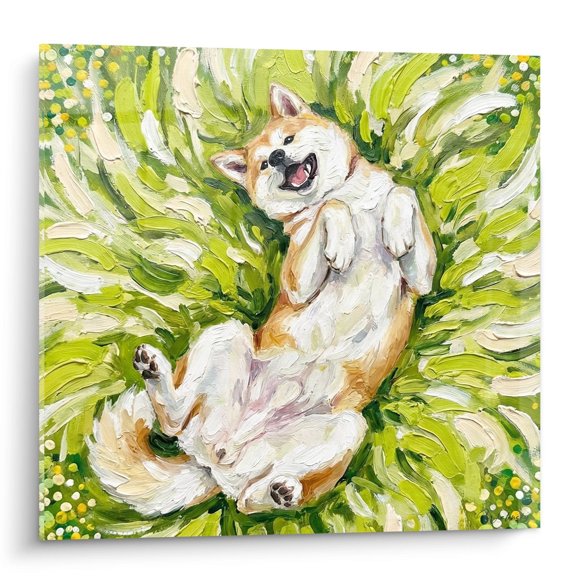 Tableau peinture Akita Inu joyeux gueule ouverte sur fond tourbillonnant vert lime et blanc