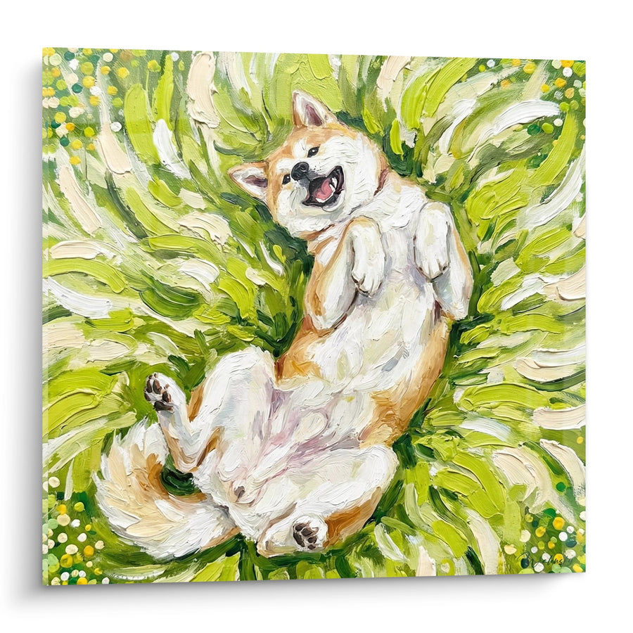Tableau Akita Inu Joyeux sur Fond Tourbillonnant Vert - Bonheur Canin - Edition Akita Inu