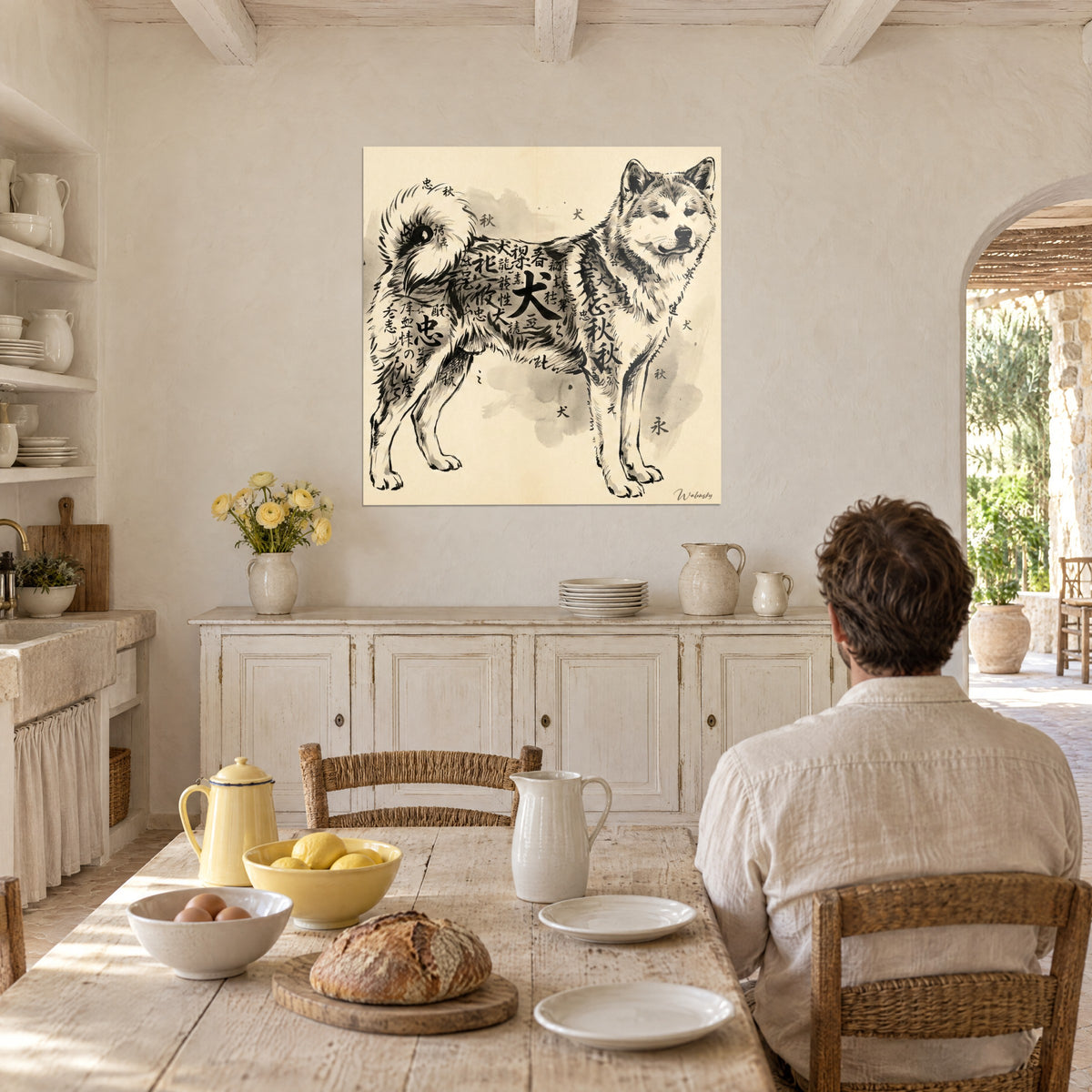 Quadro canide nipponico dipinto con kanji, nero profondo su beige dorato, di fronte a un tavolo da cucina in legno in un casale