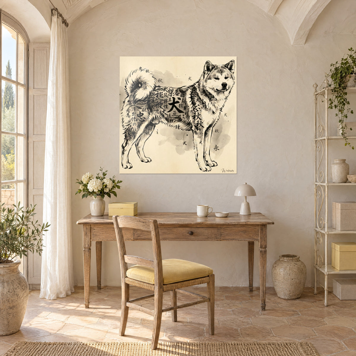 Quadro cane dalla coda piumata, ideogrammi neri su carta crema, sopra una scrivania in legno chiaro accanto a una finestra