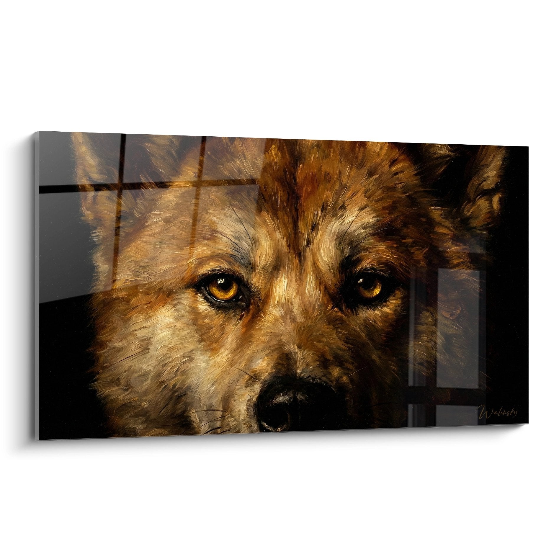 Portrait intense d'un Akita Inu aux yeux ambrés derrière des barreaux, pelage fauve et brun doré, regard captivant