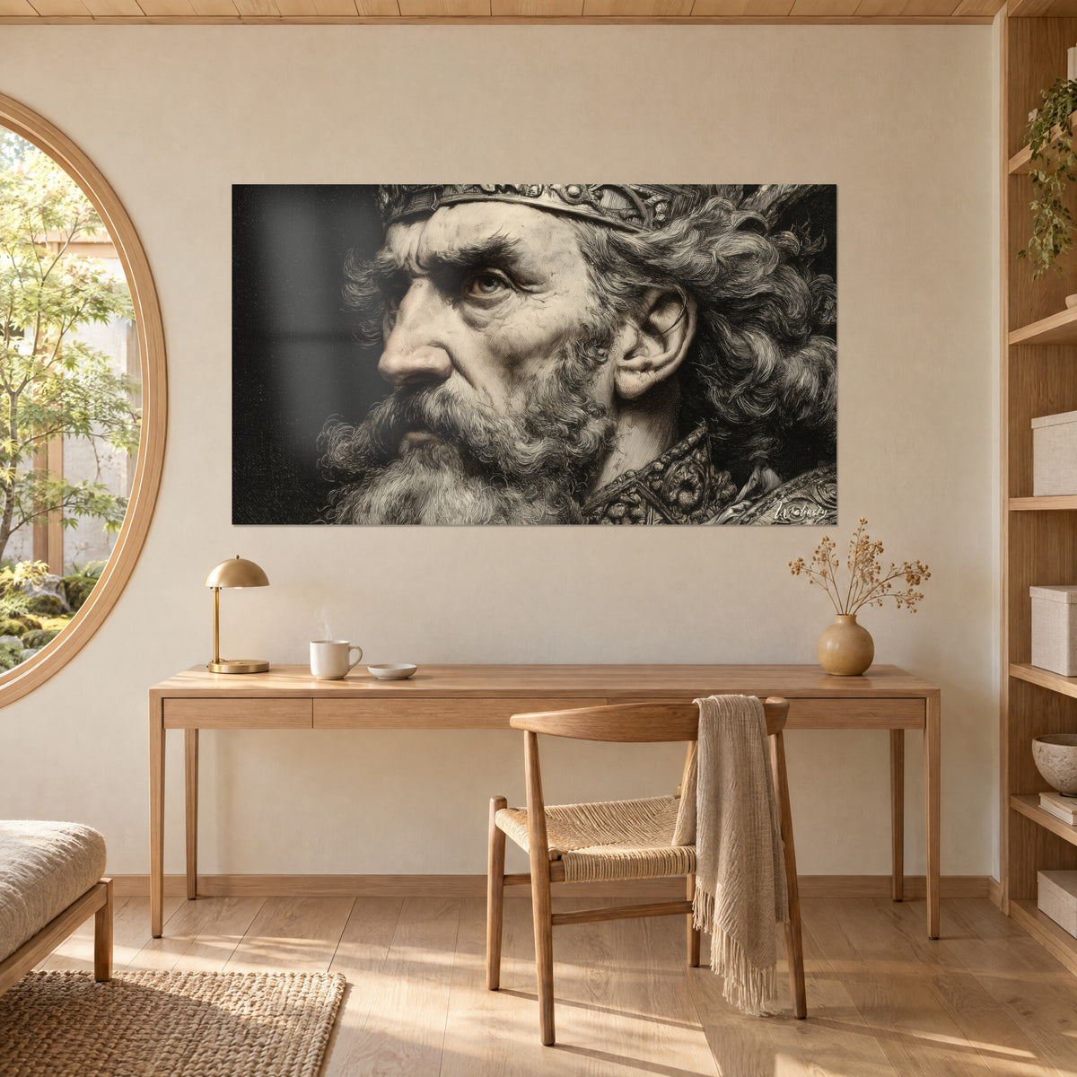 Schilderij gezicht van een krijgerskoning, krullende baard en geciseleerd harnas, diep zwart en crème, beige muur boven een eikenhouten bureau