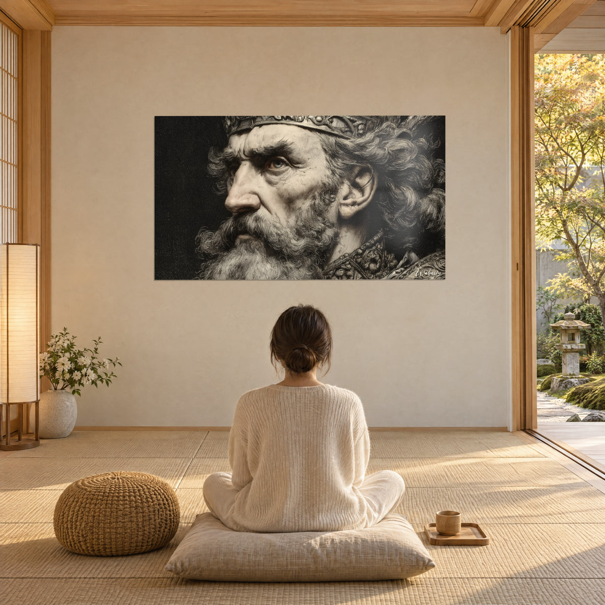 Schilderij profiel van een gekroonde leider in inkt gegraveerd, parelgrijs en zwart, vrouw van achteren zittend op een kussen tegenover een tuin