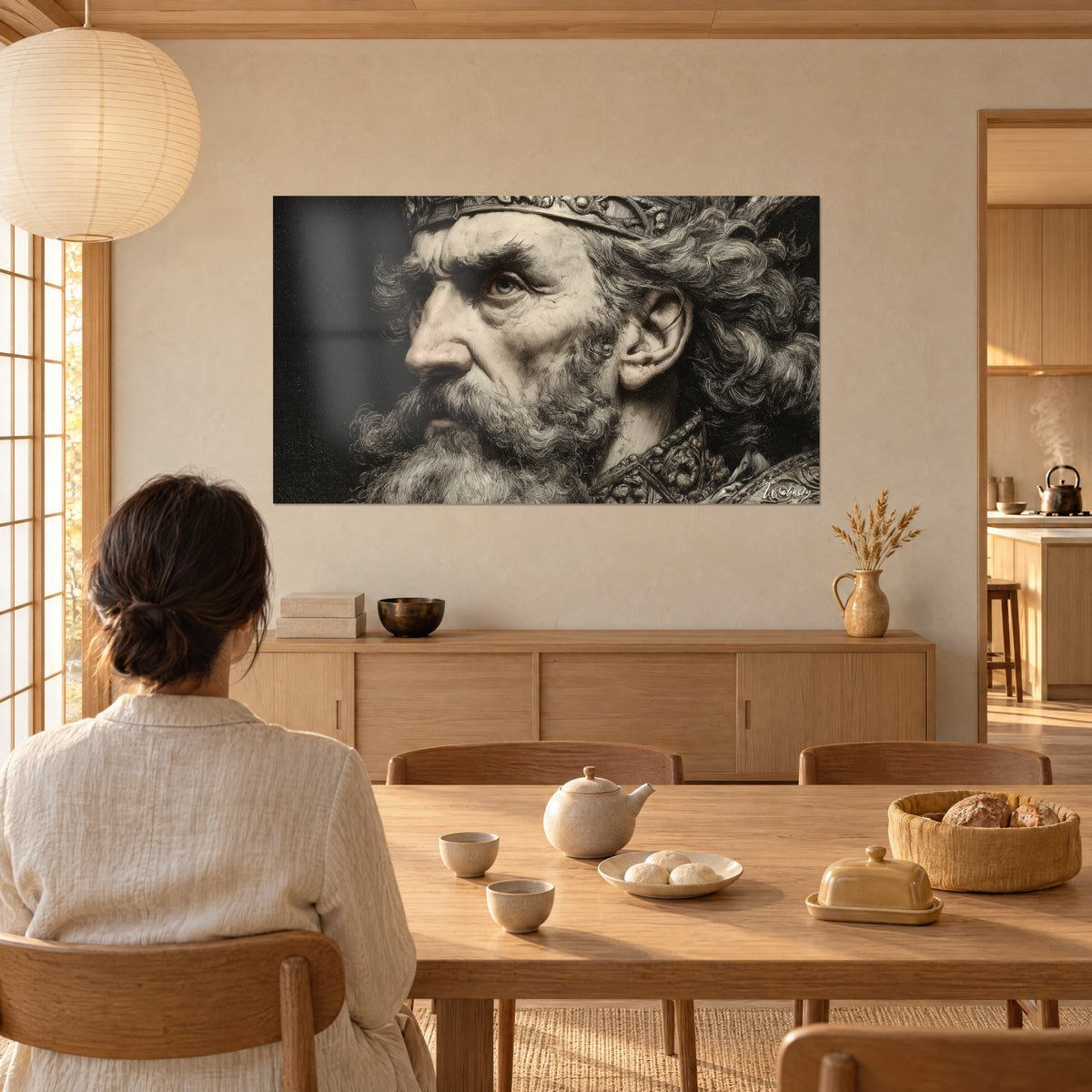 Schilderij oude monarch met staalblauwe blik, grijs en zwart krullend haar, vrouw van achteren aan tafel onder het raam van een eetkamer