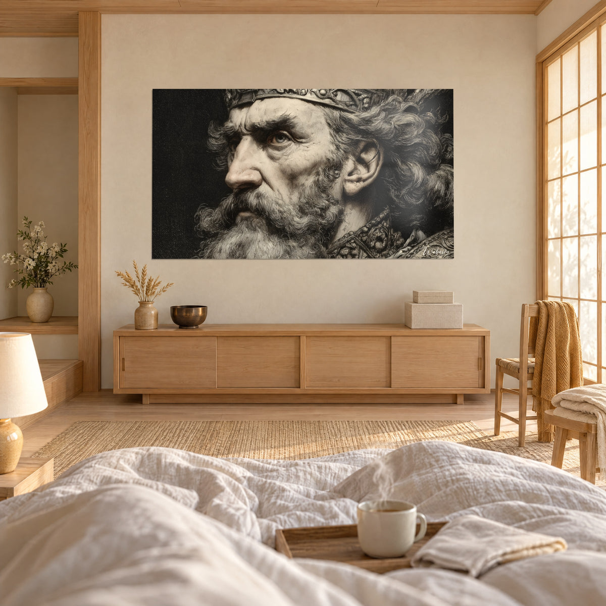 Schilderij veroverende heerser met volle baard, sierlijke kroon, ivoren trekken op zwarte achtergrond, twee personen van achteren boven een bed in een lichte slaapkamer