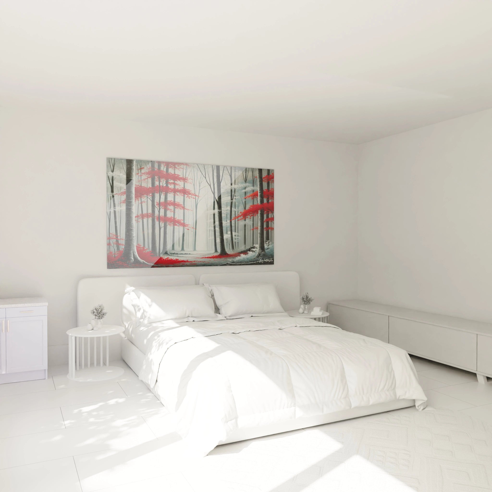 Tableau Foret accroche au mur dans une chambre Ambiance apaisante et elegante avec des feuillages rouge vif contrastant sur fond gris Ideal pour creer une touche contemporaine et mysterieuse dans la deco

