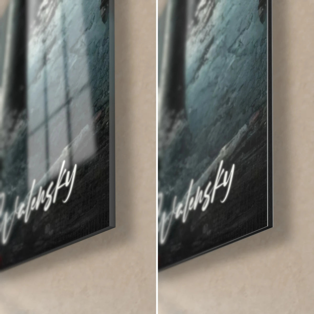Wall art misty forest with red foliage, bottom-right corner in glossy glass and matte grey-blue Dibond, 3 mm edge