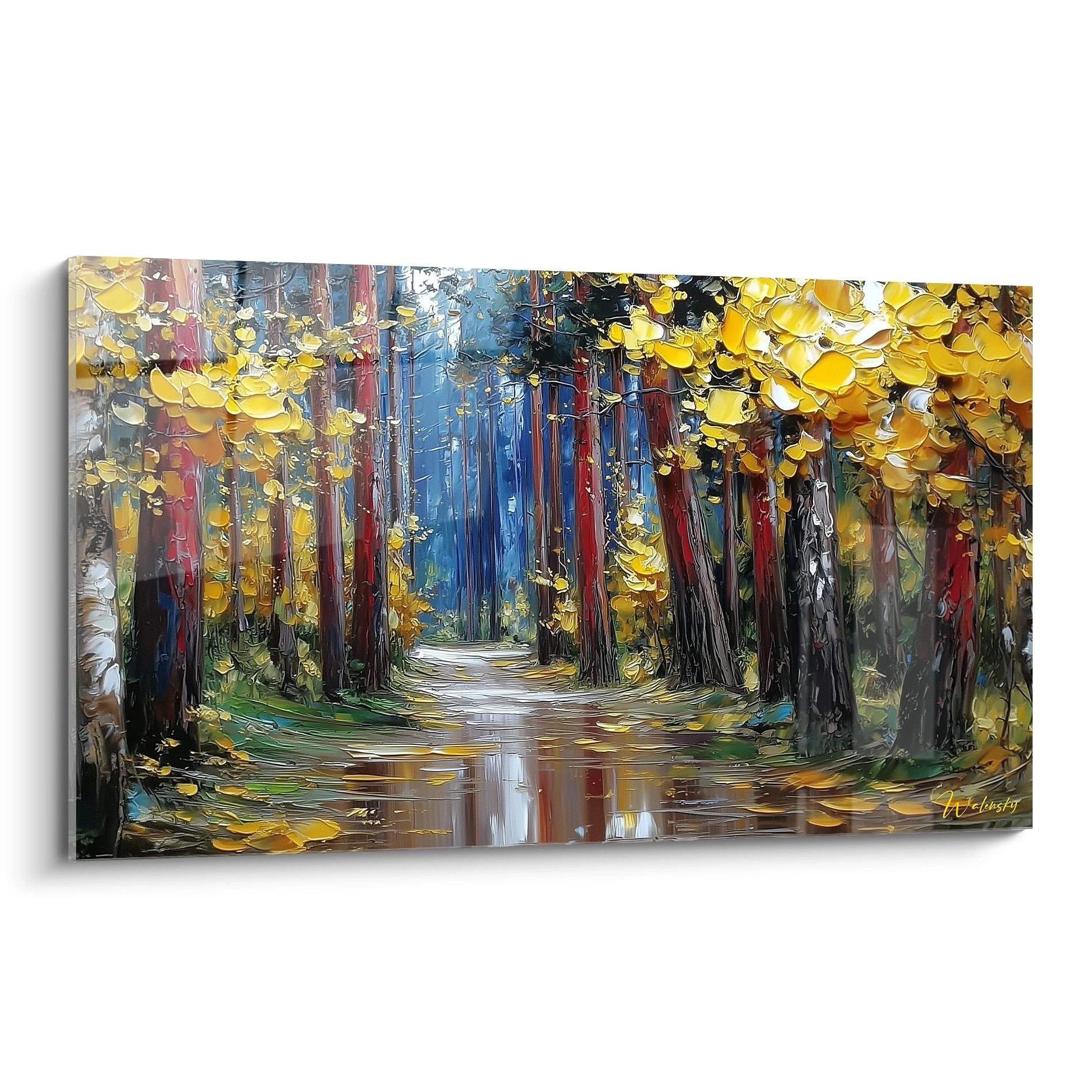 Tableau mural allée forestière automnale avec arbres dorés et chemin reflétant la lumière