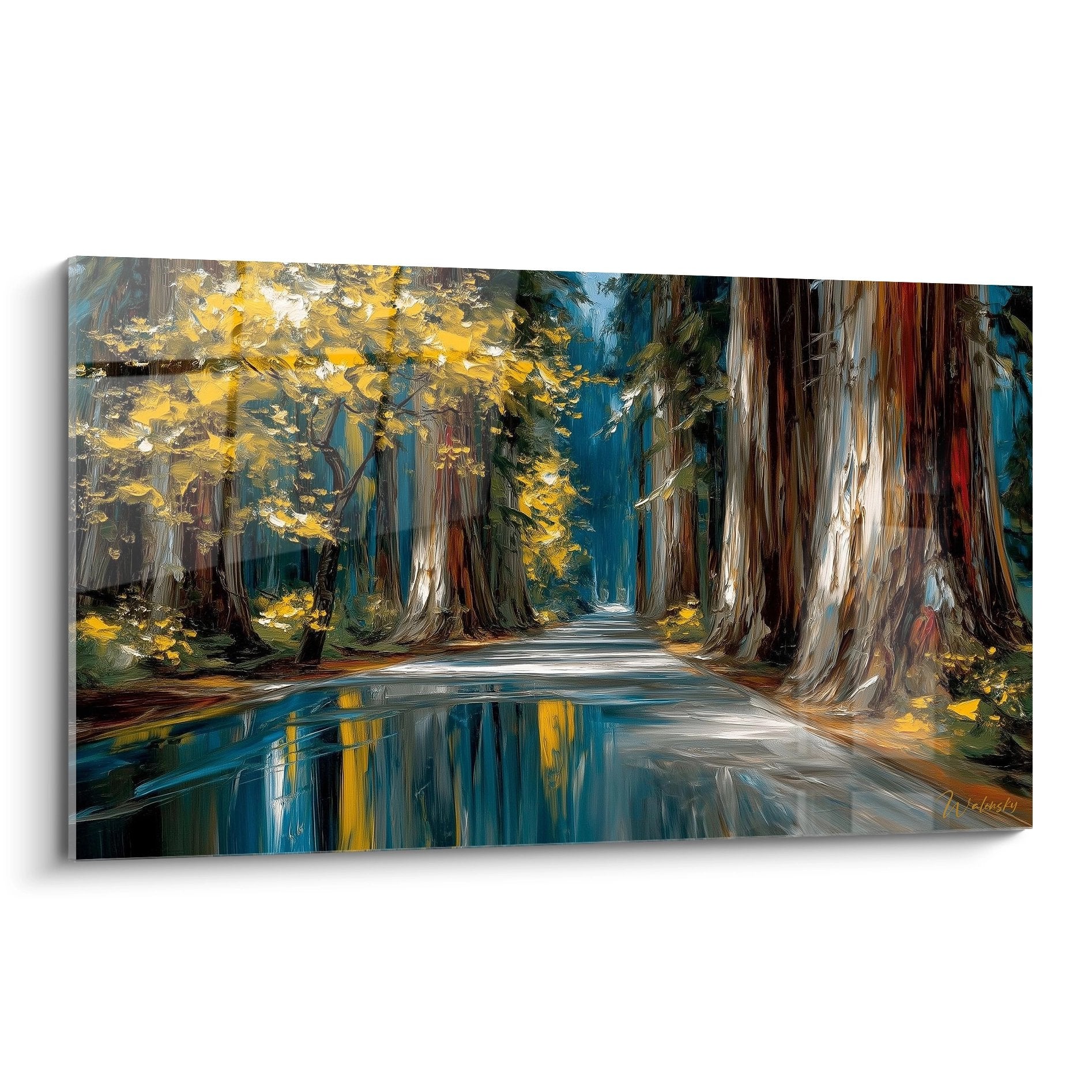 Tableau mural allée forestière avec reflets dorés dans l'eau, art décoratif forêt automne