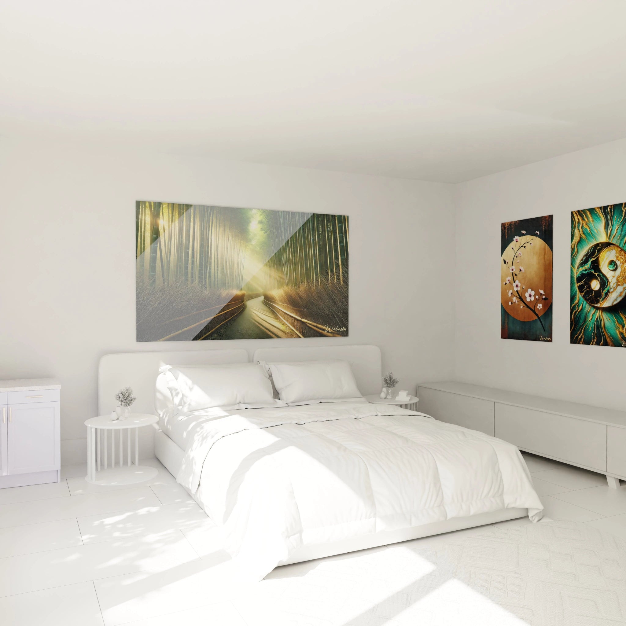 Tableau en verre acrylique zen et méditation, accroché au-dessus d'un lit dans une chambre paisible, créant une ambiance de sérénité et de détente."