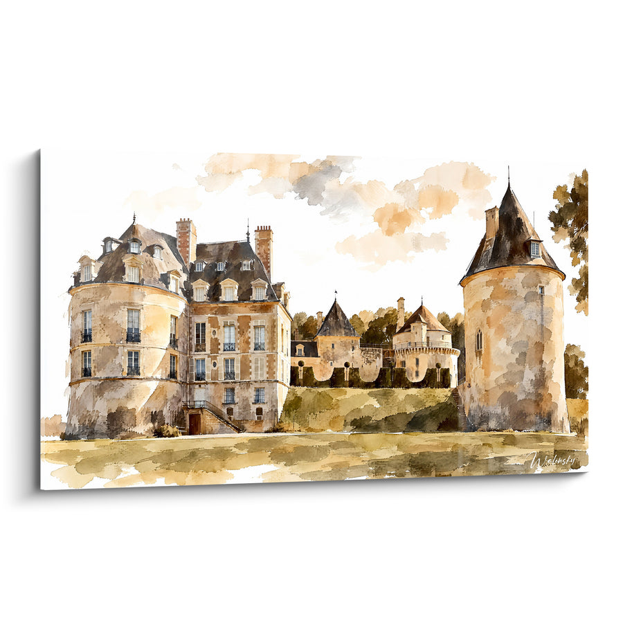 Painting Ochre and Grey Castle with Medieval Turrets - Stone Heritage - Allier France Edition