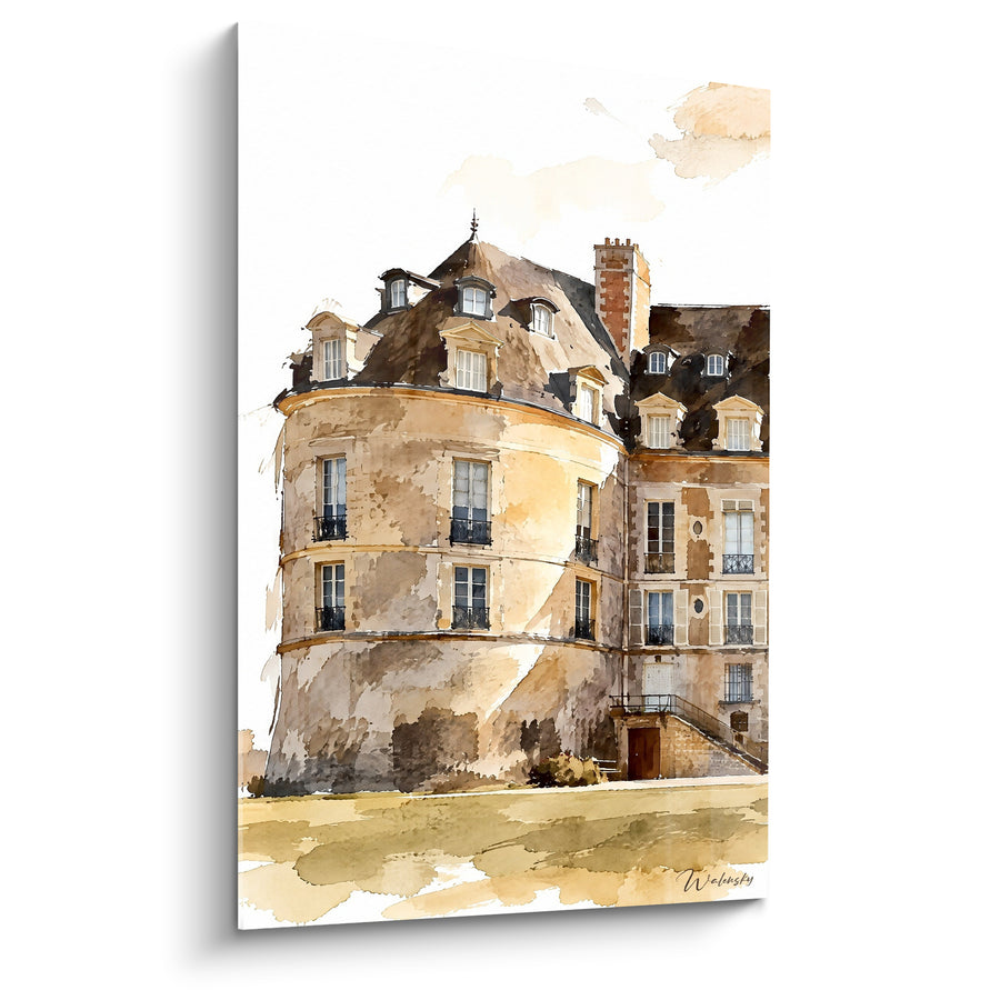 Painting Round Tower Castle in Ochre and Brown - Memory of Stone - Allier France Edition