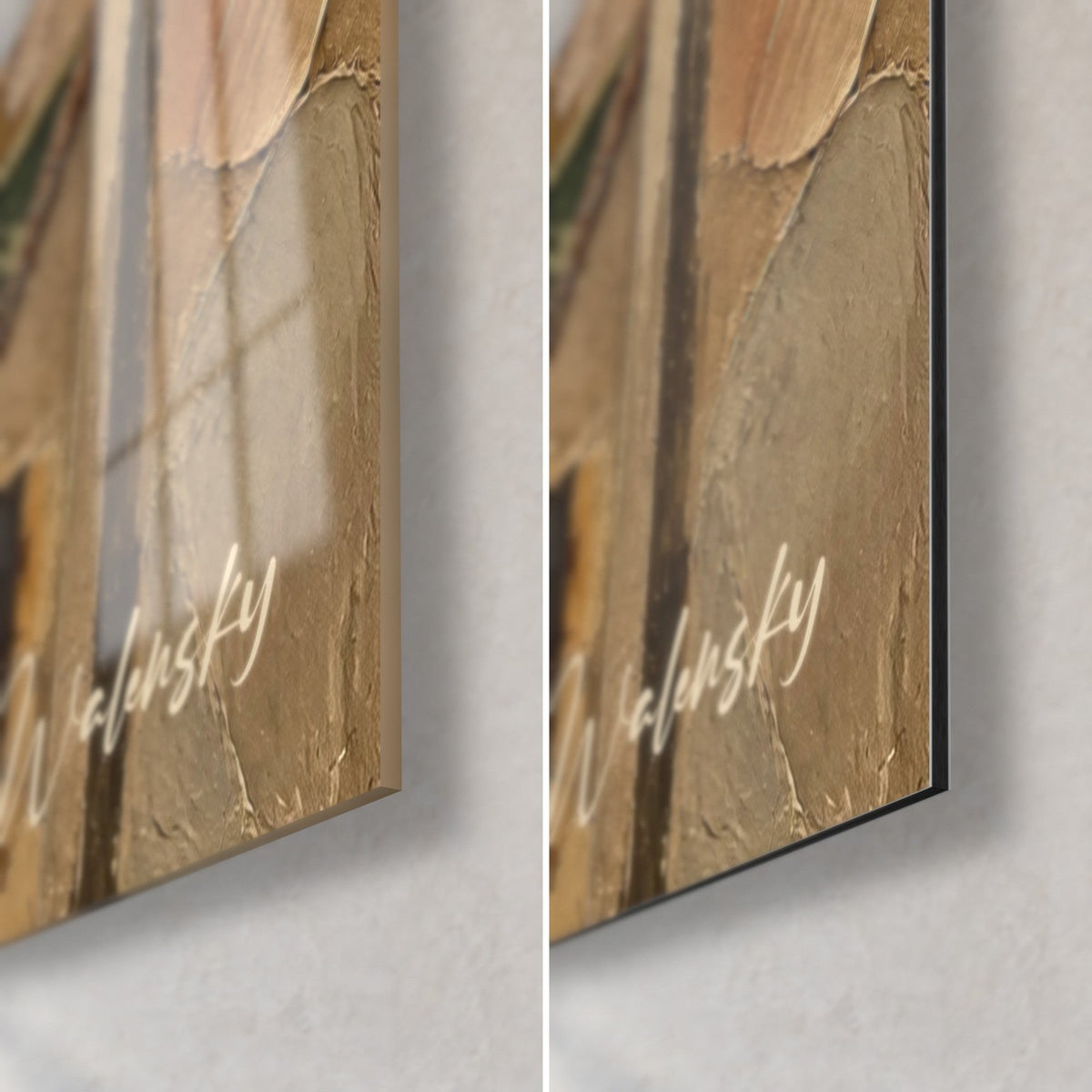 Schilderij Woning van beige steen, rechtsonder: glanzend acrylglas links, mat Dibond-aluminium rechts, rand van 3 mm