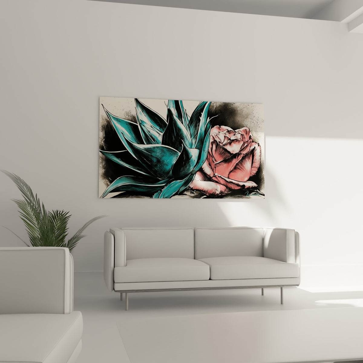Agave bleu pétrole et rose rose pâle en composition graphique, au-dessus d'un canapé dans un salon lumineux