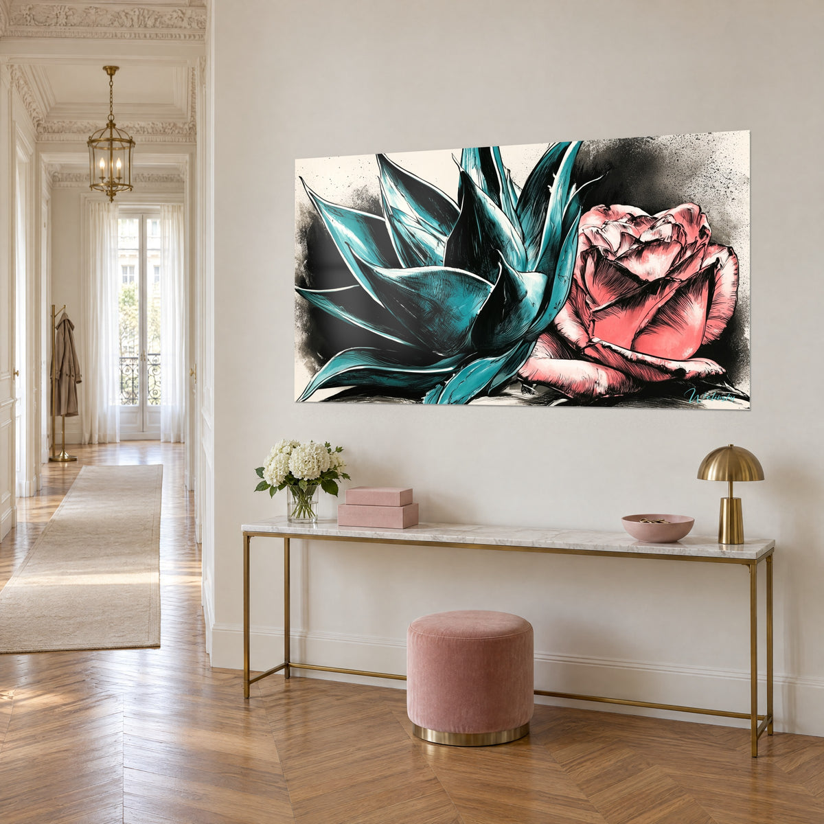 Wall art with a coral rose with hatched petals against a blue-green succulent, grainy black background, on a gilded console in a Haussmann-style entrance hall