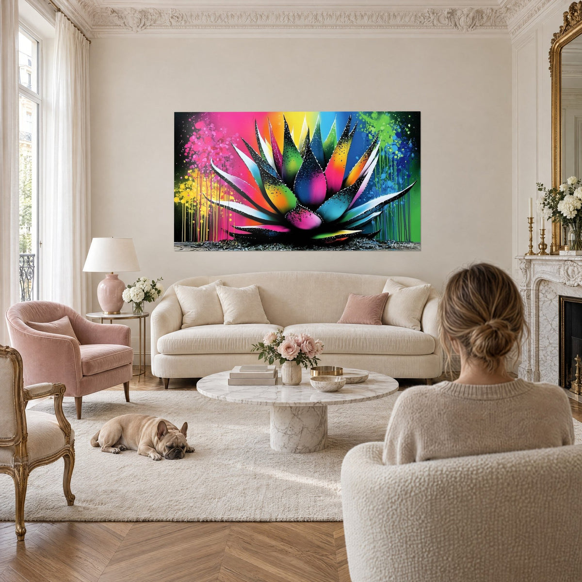 Quadro di Aloe vera con foglie rosa, verdi e gialle, colature di colore vivaci, sopra un divano in un soggiorno luminoso