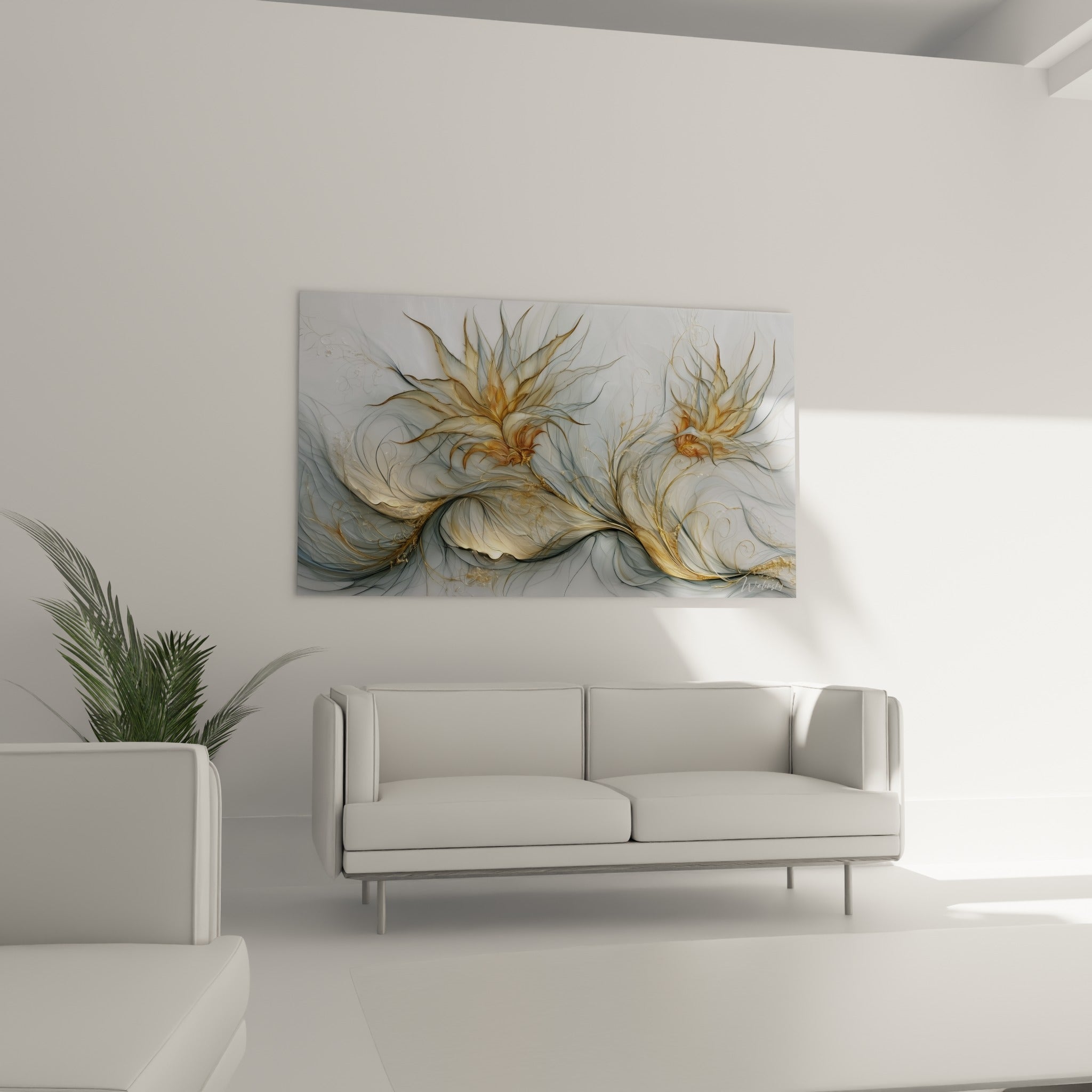Feuilles d'aloe vera ambrées et grises accrochées au-dessus d'un canapé dans un salon lumineux