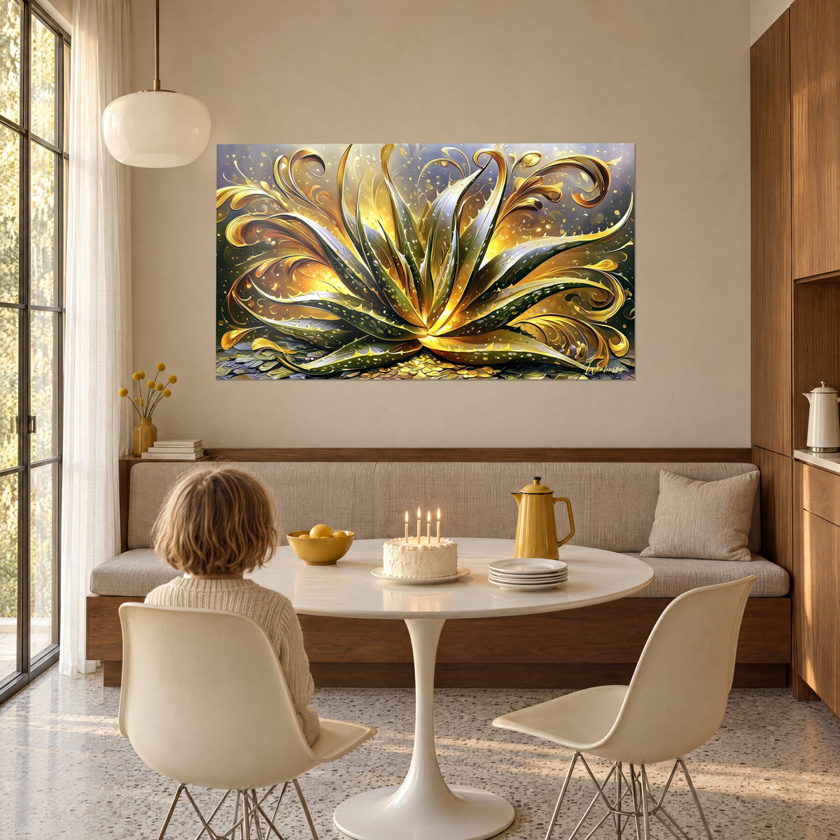 Tableau agave lumineux aux spirales jaune safran et vert forêt, enfant de dos devant un gâteau d'anniversaire, table blanche