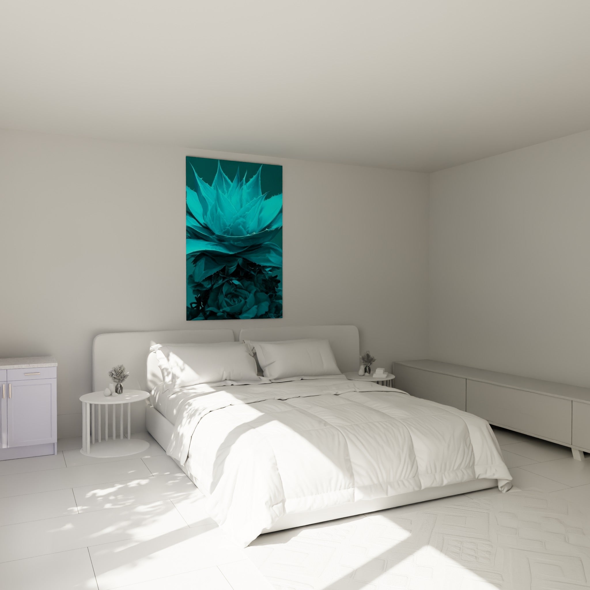 Rosette aloe vera turquoise et anthracite accrochée au-dessus d'un lit dans une chambre claire