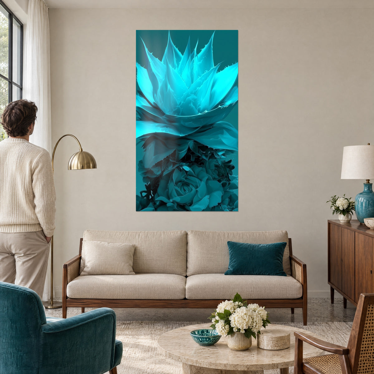 Gemälde Aloe-Vera-Pflanze türkis in Rosette spitzer Blätter, leuchtendes Cyan auf tannengrünem Hintergrund, über einem Sofa in einem hellen Wohnzimmer