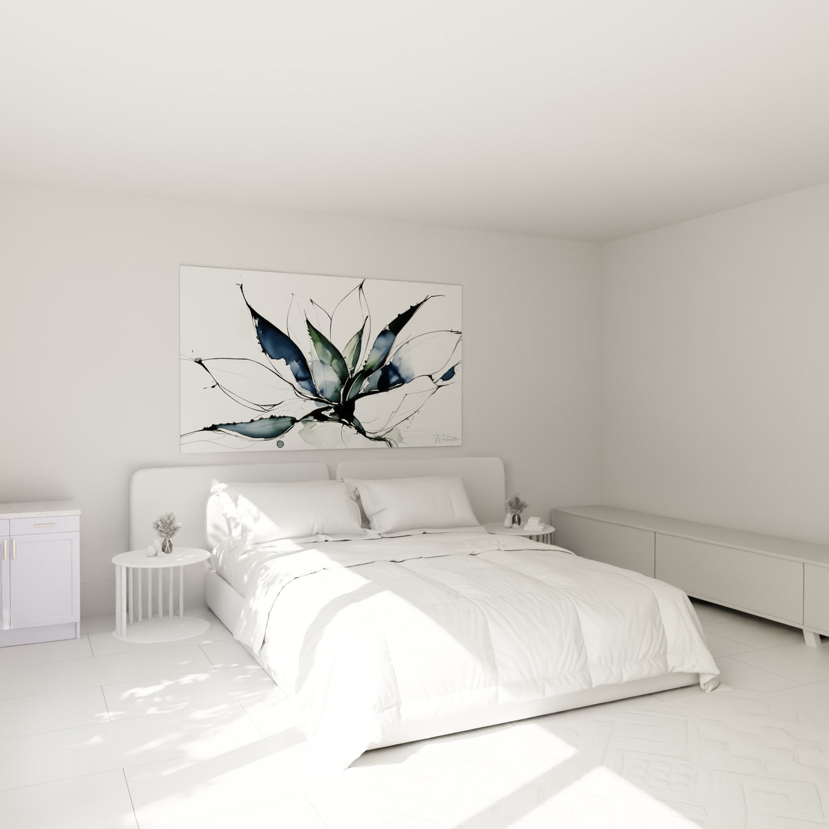 Feuilles d'Aloe vera bleu marine et anthracite suspendues au-dessus d'un lit dans une chambre claire