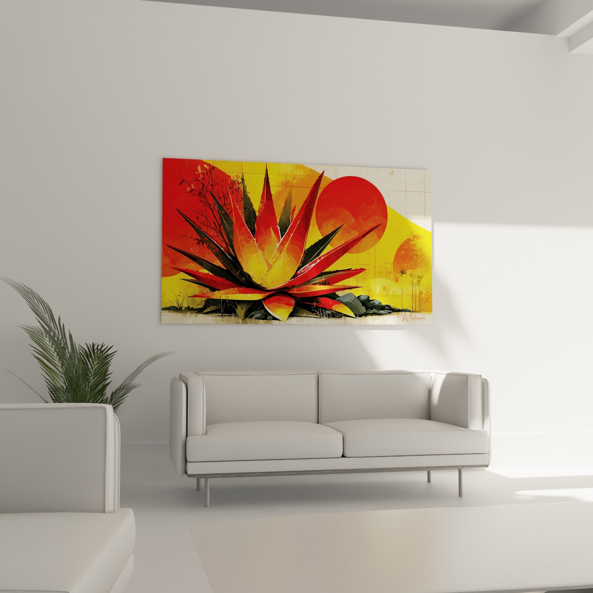 Plante grasse rouge et anthracite de l'aloe vera au-dessus d'un canapé dans un salon lumineux