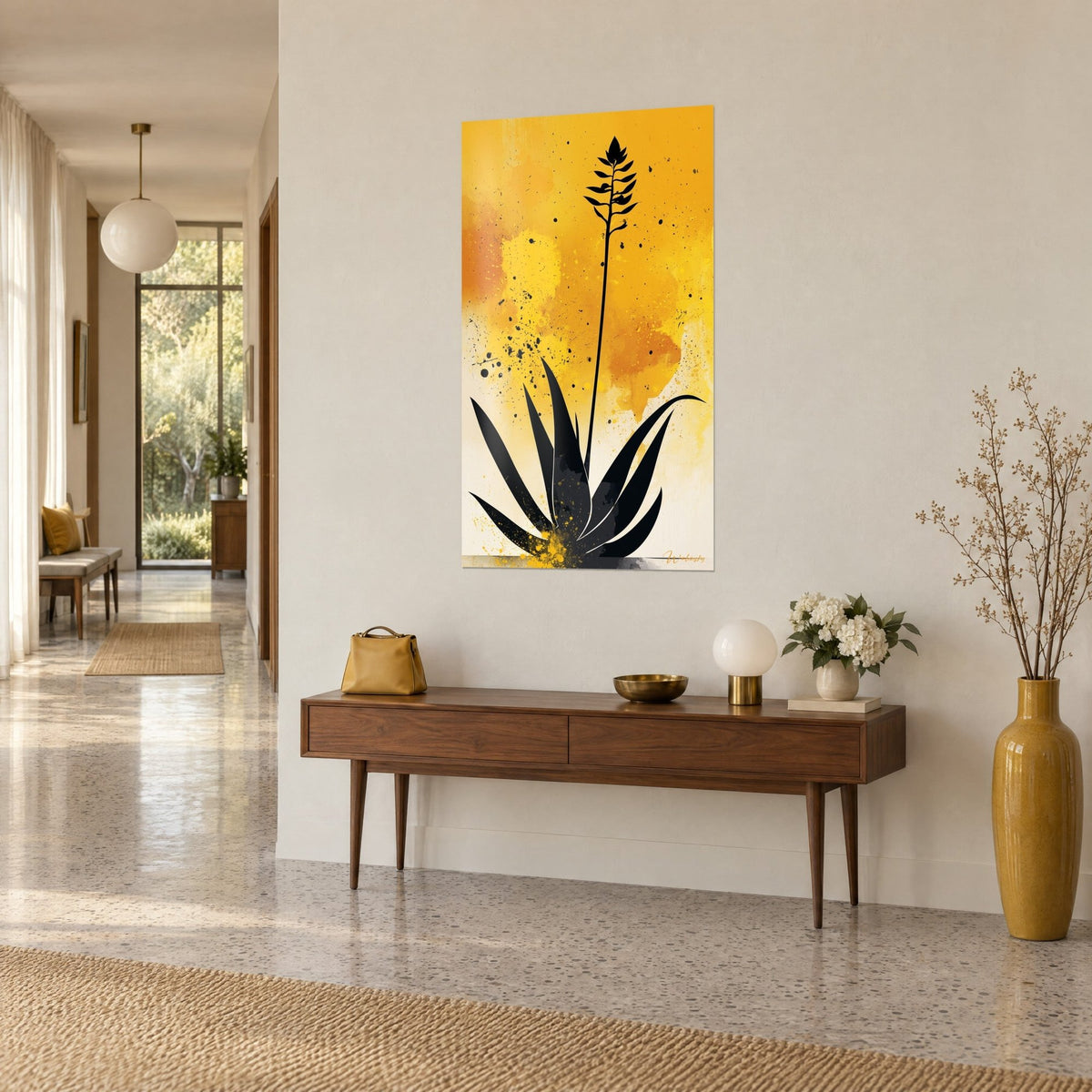 Wall art succulent in black ink silhouette, saffron and ochre splashes, on a beige wall above a wooden console