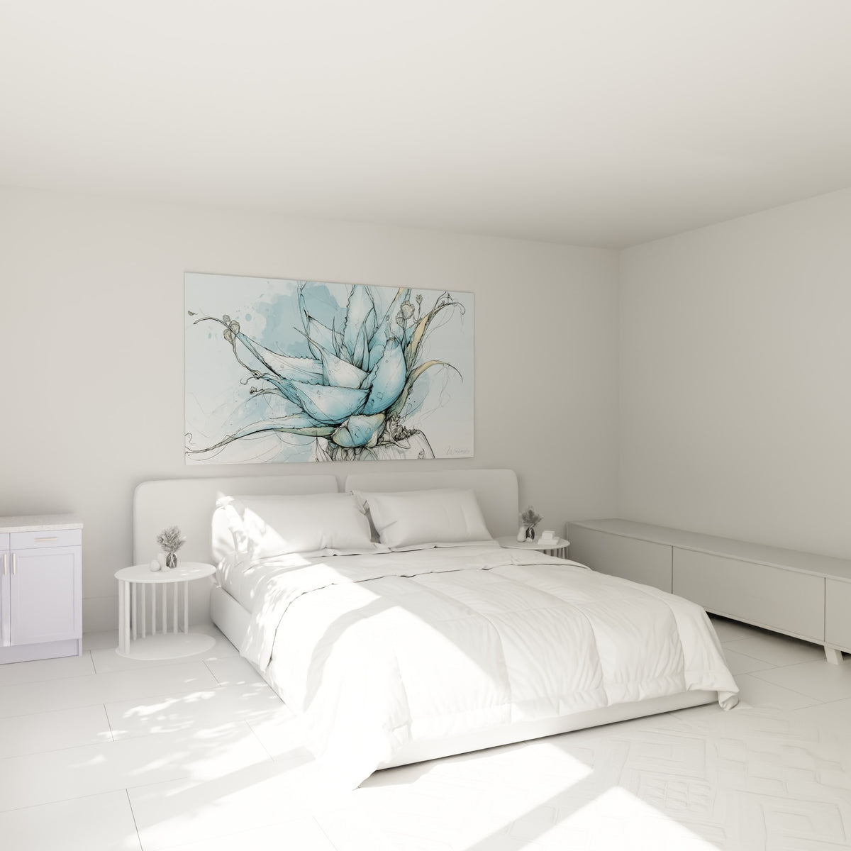 Aloe vera bleu pastel et beige esquissé, accroché au-dessus d'un lit dans une chambre claire